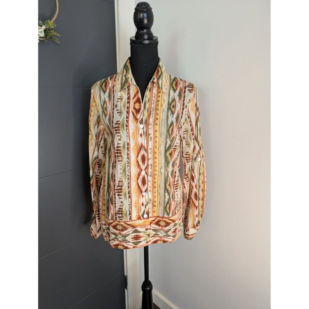 Alfred Dunner Button-Up Long-Sleeve Roll Tab Shirt With Earthy Aztec Print - 10
